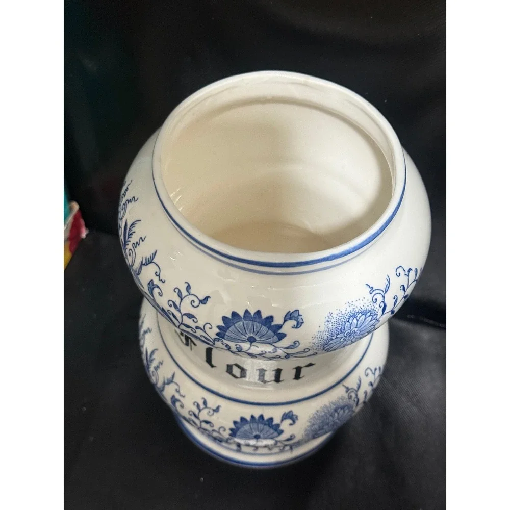Vintage Blue Onion Ceramic Flour Canister White Blue Floral Farmhouse  Jar
